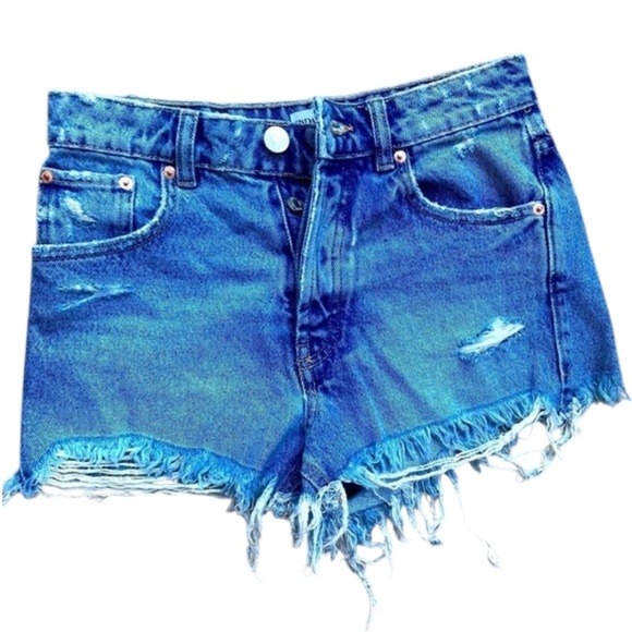 Zara High Rise Denim Frayed Button Fly Shorts Cut Offs Raw Hem Size 0 - Picture 1 of 4